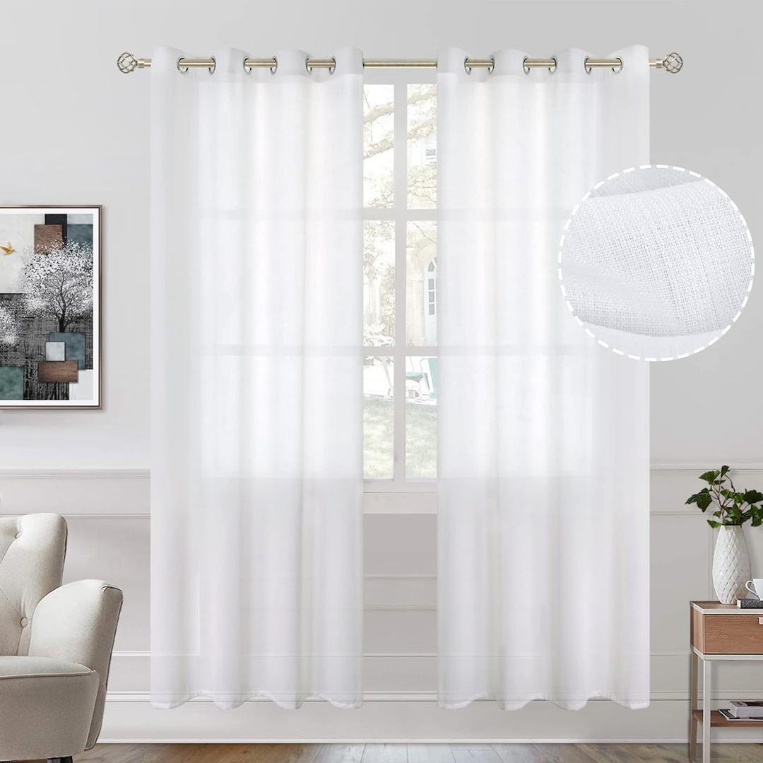 BGment White Sheer Curtains 72 Inches Long for Bedroom, Grommet Linen Look Semi Sheer Light Filtering Casual Textured Privacy Drapes for Living Room, 2 Panels (Each 52 x 72 Inch, White)