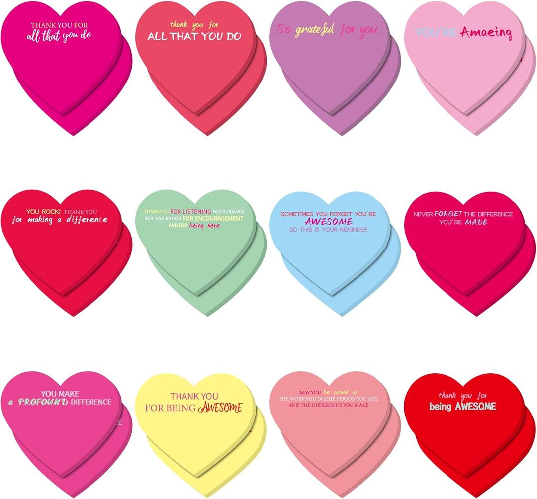 DERAYEE 24PCS Valentines Sticky Notes, 3 x 3 Inches Heart Shaped Sticky Notes Colorful Appreciation Notepads Self Stick Memo Pads for Valentine's Day Home School Office Supplies