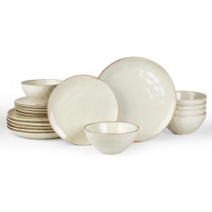 Famiware Ocean Round Plates and Bowls Set, 18 Pieces Dinnerware Sets, Dishes Set for 6, Microwave and Dishwasher Safe, Scratch Resistant, Vanilla White