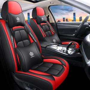 BGYFDU07 Seat Cover 5-Seater Full Set, Universal Type, Suitable for Most Cars, Cars, SUVs, Trucks, Pickup Trucks, Airbags Compatible with Synthetic Leather Car Seat Cushion Protectors (Black-Red)
