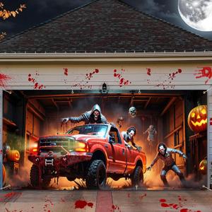 Scary Halloween Garage Door Cover 7x16 for 2 Doors, Halloween Garage Banner for Indoor Outdoor Parties & Photography Background, Grim Reaper Backdrop for Yard, Hallway, Fence Decor