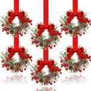 Dingion 6 Pcs 6" Christmas Mini Cabinet Wreaths for Kitchen with Ribbon Bows Red Berry Small Window Wreath for Window Door Farmhouse Christmas Party Decorations (Stylish Style)