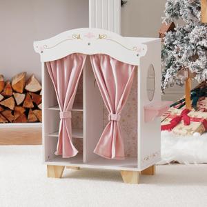 ROBOTIME 18in Doll Closet, Wooden Doll Closet Wardrobe, Pink Doll Wardrobe Closet Fits 16-18in Dolls, Gift for Boys & Girls, Small