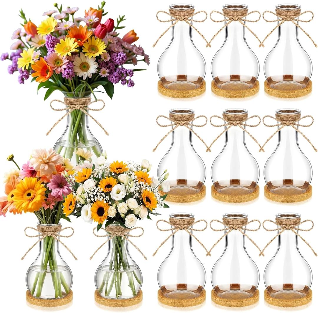 Baderke 12 Pack Small Plastic Bub Vases for Centerpieces with Bamboo Coaster Clear Desktop Plant Propagation Stations Vases for Flowers Rustic Wedding Home Centerpieces Arranging Bouquets(Bulb Style)