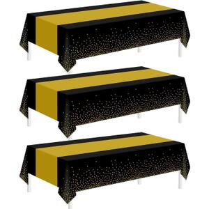 Childom 3 Pack Black and Gold Tablecloths for Events,54"x108" Plastic Table Cloths for Rectangle Tables,Disposable Party Table Covers for New Years Eve Decorations 2026,Holiday Birthday Wedding Dining