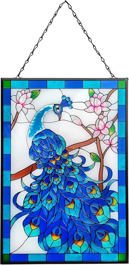 Peacock Stained Glass Window Hangings, Hand-Painted Glass Suncatcher Panel With Metal Chain,Home Decor for Wall or Windows10 * 15 Inch