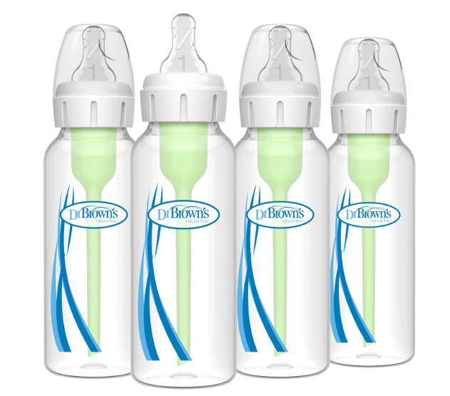 Dr. Brown's AntiColic Options+ Narrow Glass Baby Bottle with Level 1 Slow Flow Nipple, BPAFree, 8 oz/250 mL, 0m+, 4Pack 