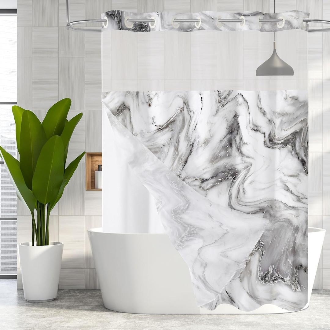 MitoVilla No Hooks Required Grey Shower Curtain Set with Snap-in Liner, Modern Abstract Marble Shower Curtains for Luxury Hotel Grade Spa-Like Bathroom Decor, 72 x 74 (72"W x 74"L (Pack of 1))