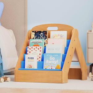 ZIFTY Kids Bookshelf 2-in-1 Design Book Organizer and Easel for Kids, Montessori Book Shelf for Kids Rooms, 4 Tier Bookcase for Age 3+ Girl Boys Bedroom Decor, Storage for Small Toys, Blue