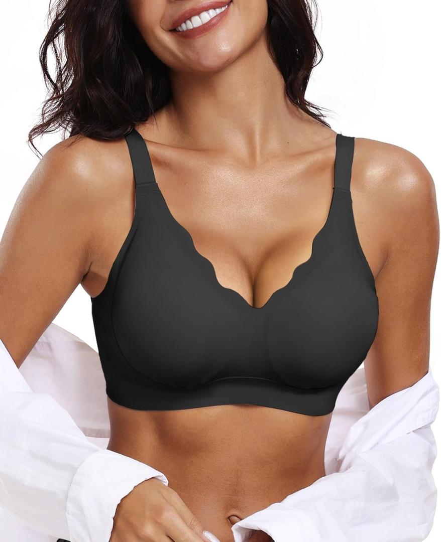 OEAK Womens Comfortable Wireless Bras Push Up Seamless Bralettes Soft V Neck Brassiere Scalloped Full Coverage Everyday Bra (3X-Large, Black)