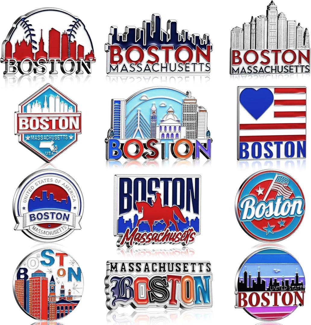 Konohan 12 Pcs Boston Magnets for Refrigerator Metal USA Fridge Magnet Magnetic Boston Souvenirs Gifts USA State Magnetic Refrigerator Stickers, Massachusetts, Baseball