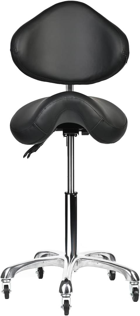 Saddle Stool Rolling Chair with Back Support Swivel Adjustable Height Ergonomic Thick Seat Cushion with Wheels for Nail Lash Tech Esthetician Tattoo Artist Salon Hair Cutting Stylist Black