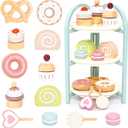 UMU® Wooden Dessert Playset – Pretend Play Kitchen Toy with Stand, Cupcakes, Donuts, Macarons, Candy & More – Wooden Play Food Set for Kids Ages 3 4 5 6