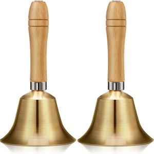 2 Pieces Solid Brass Hand Call Bells with Wooden Handle Ringing Handbells Loud Hand Held Service Animal Bell Decoration(3.15 x 3.15 x 5.9 Inch)