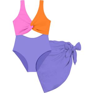 Funnycokid Girls One Piece Swimsuit Color Block Teen Bathing Suit with Pad Cover Up Skirt(7-16Y)