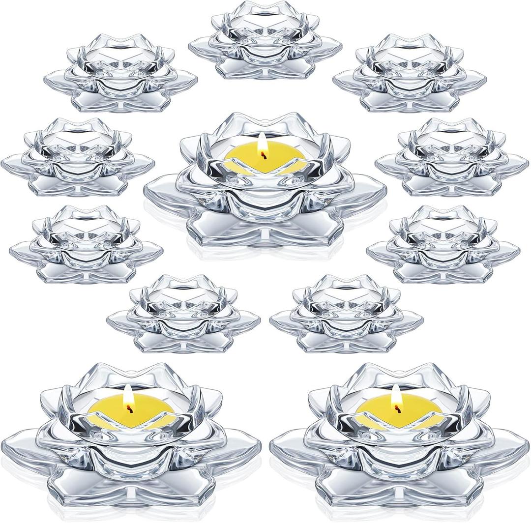meekoo 12 Pcs Crystal Glass Lotus Candle Holders Lotus Crystal Tealight Candle Holders for Christmas Home Decor Wedding Party