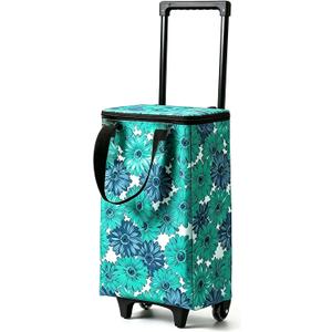 Foldable Rolling Shopping Bag, Portable Collapsible Grocery Cart with Wheels,Portable Foldable Shopping Trolley Pull Handle, Ideal Gift for Women & Seniors (Blue Floral, L)