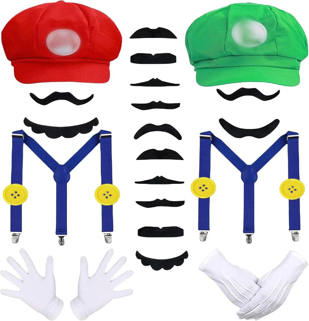 Bros Mary & Luigi Hat Costume Mustaches Gloves Buttons for Halloween Costume Cosplay