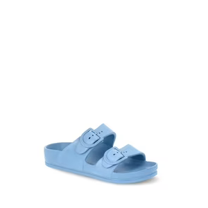FUNKYMONKEY Women's Comfort Slides Double Buckle Adjustable Plastics Flat Sandals (7, White)