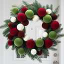 Juinte 16 Inches Christmas Ball Wreath Set for Front Door Artificial Xmas Norfolk Pine Branches Wreath with Velvet Colorful Ball Ornaments for Christmas Door Wall Mantel Decor, Red Green and White