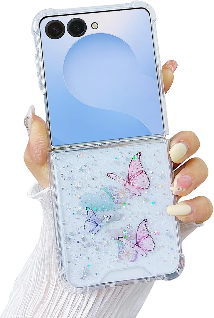 Compatible with Samsung Galaxy Flip 7 Case Clear Butterfly Pink Women Girls Sparkle Glitter Shockproof Phone Cover for Galaxy Z Flip 7 (Butterfly Pink)