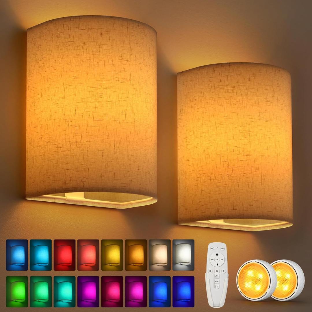 Battery Operated Wall Sconce Night Lights for Bedroom Set of 2, Wireless LED Wall Lamp with Remote & Timer, Linen Fabric Shade Cordless Indoor Wall Mounted Lighting Fixture for Living Room Bedside