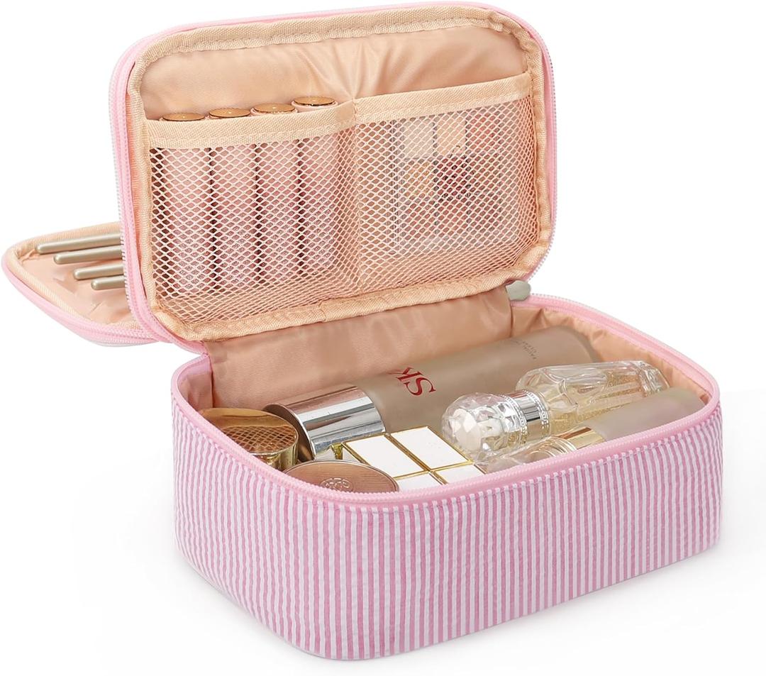Relavel Cute Makeup Bag for Girls, Portable Pink Cosmetic Bag, Dual-layer Makeup Pouch with Brush Holder, Multi-Functional Preppy Toiletry Organizer for Travel, Daily Use - Pink Strip (MEDIUM)