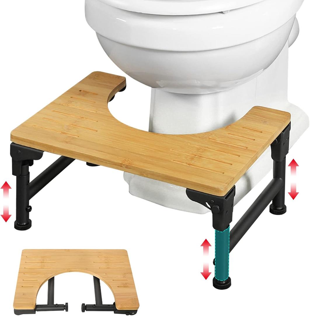 Bamboo Toilet Stool Iron 7''& 8''& 9'' Adjustable Heights Foldable Poop Stools with Non-Slip Layer for Adults, Children, Pregnant Women, The Old