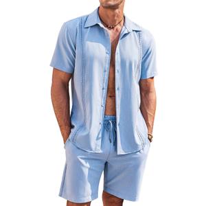 COOFANDY Men's 2 Piece Short Set Cuban Guayabera Shirts Short Sleeve Casual Beach Outfits Set (Large, Light Blue)