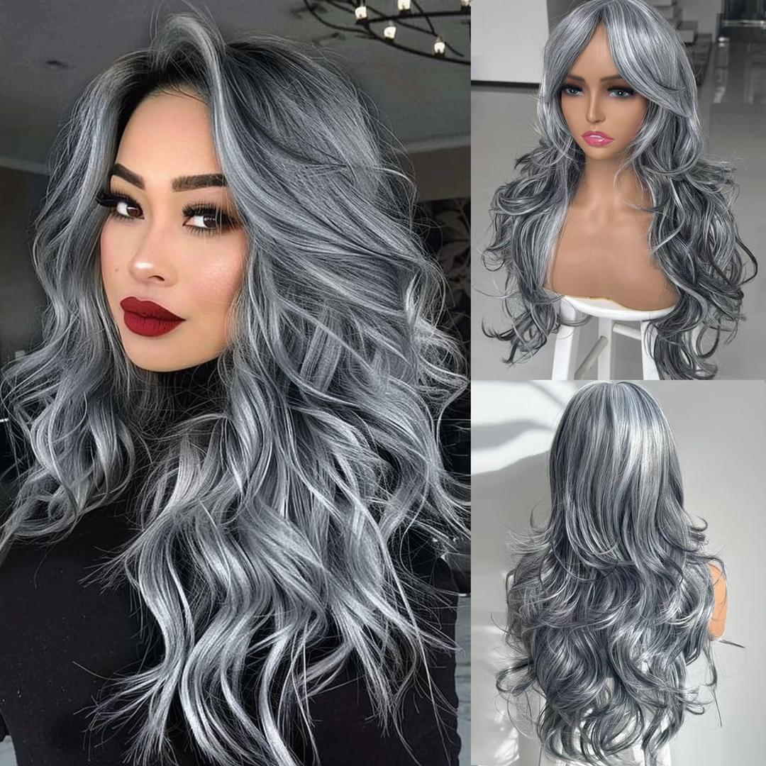 Silver Gray Wigs for Women Long Layered Ombre Gray Highlight Wig Synthetic Light Gray with Curtain Bangs for Black White Women Long Ombre Gray Natural Body Wave Middle Part 24Inch