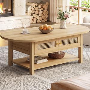LVB Oval Rattan Coffee Table, 47" Boho Wood Living Room Table with Storage, 47.24 Inch