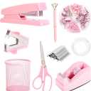 Pink Desk Accessories, Pink Office Supplies Set with Stapler, Tape Dispenser, Staple Remover, Pen Holder, Scissor, Binder/Paper Clips, Ballpoint Pen, Clear Tape and 1000pcs Staples