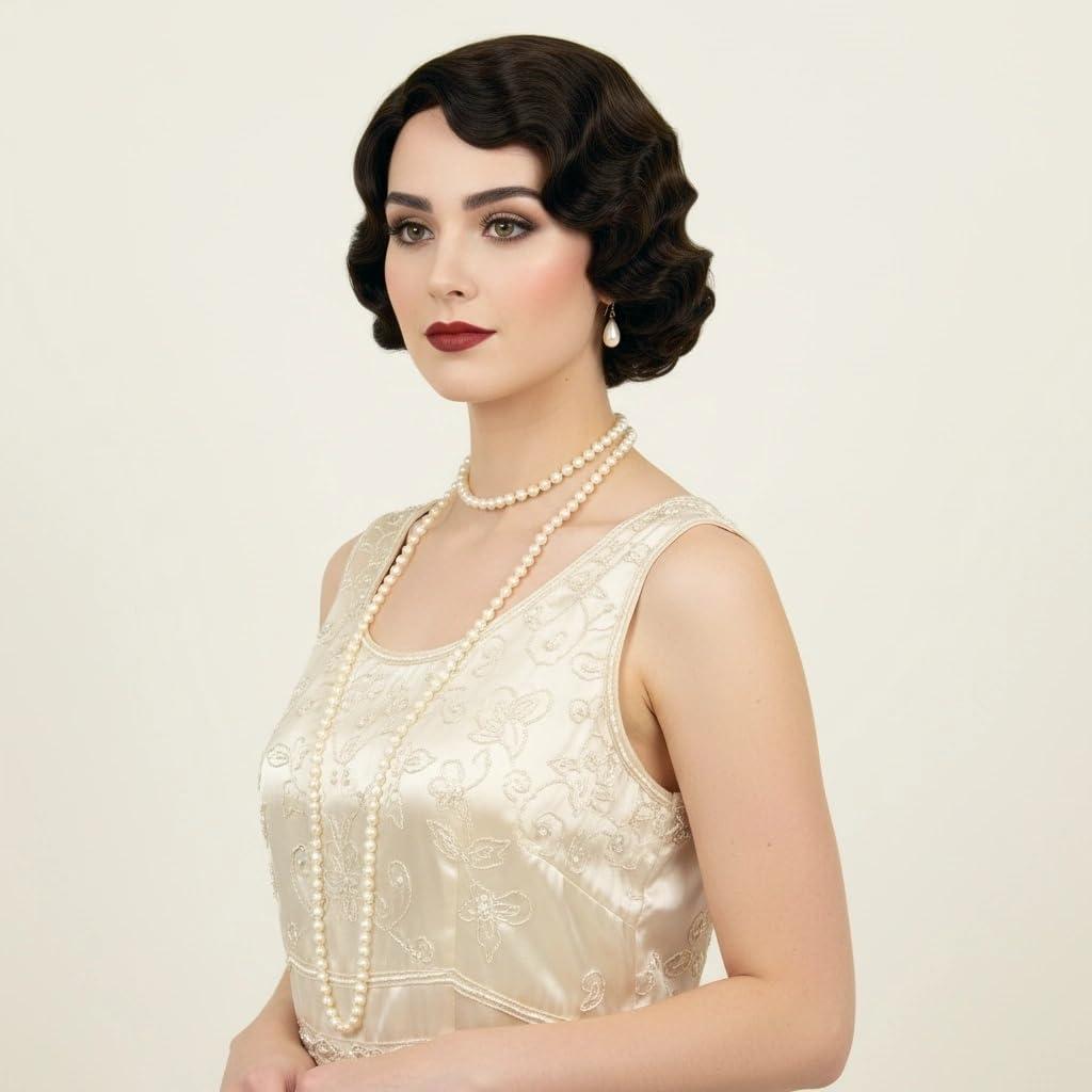 H&Bwig Brown Short 20s Wigs for Women Finger Wave Natural Synthetic Hair Wig for Women Lady Ladies Cosplay Anime Party Costume Anime Flapper Wig