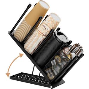 OVICAR Cup and Lid Holder - Adjustable Coffee Cup Holder Organizer 4 Compartment Disposable Cup Dispenser with Coffee Pod Straw Storage Basket for Coffee Station Bar Countertop Breakroom Metal Black