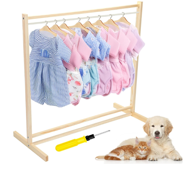 Estune Dog Garment Rack with 12 Wood Pet Clothes Hanger Wooden Dog Dress up Storage Small Closet Pet Clothes Organizer Accessories for Doll Cat and Puppy(Medium)