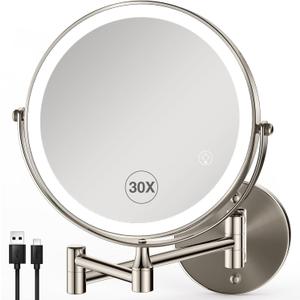 30X/1X Wall Mounted Makeup Mirror with Light: 8.5 Inch Double-Sided, 3 Color Modes, USB-C Rechargeable, 360 Swivel, Brushed Nickel