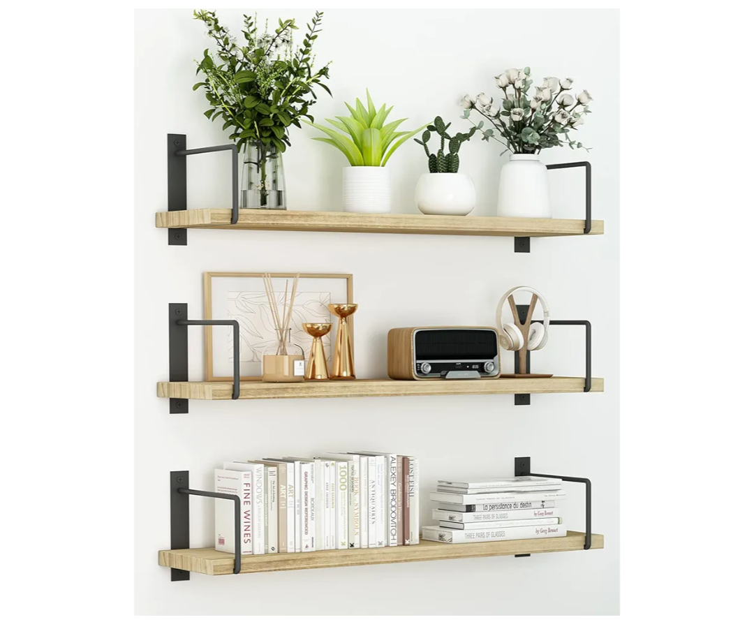Floating Shelves, 24 Inches, Easy to Install, Wall Mounted, Set of 3, Rustic Wood for Décor, Storage for Living Room, Bathroom, Bedroom