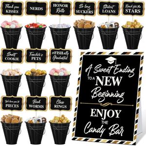 25 Pcs Graduation Candy Buffet Party Decoration Graduation Table Candy Bar Snack Labels Signs and 5'' Buckets with Handle for Class of 2026 High School College(Pure Style,Black)