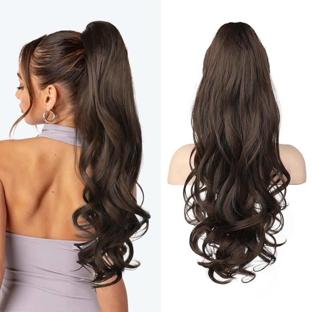 LONAI Claw Clip Ponytail Extension for Women 24 Inch Curly Wavy Ponytails Extensions Clip in Ponytail Hair Extensions Pony Tail Clip on Ponytails Hair Piece (Dark Chocolate Brown)