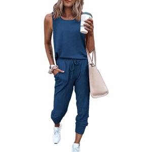 PRETTYGARDEN Women's Two Piece Outfit Sets Summer Casual Sleeveless Crewneck Tops Matching Travel Tracksuit Lounge Wear (XX-Large, Dark Blue)