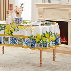 Horaldaily Summer Tablecloth 6084 Inch Oval, White Yellow Lemon Vintage Pattern Washable Table Cover for Party Picnic Dinner Decor