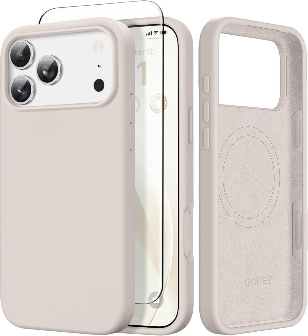 GONEZ Magnetic for iPhone 17 Pro Case, [Compatible with MagSafe] Anti-Scratch Microfiber Lining & Screen Protector, Silicone Camera Control, Shockproof Slim Phone Cover 6.3 inch, Stone