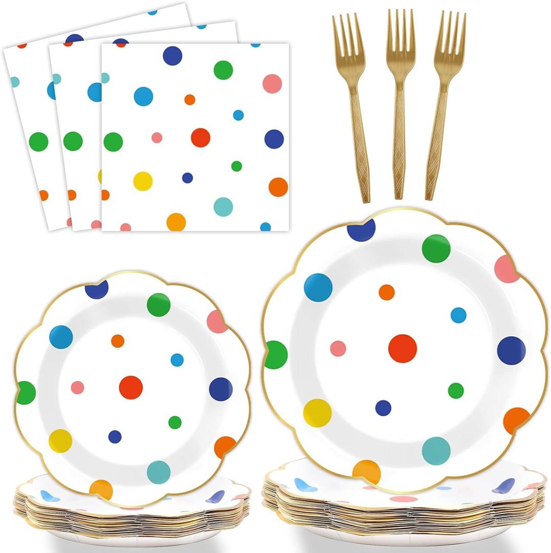 96 Pcs Colorful Birthday Plates and Napkins Colorful Polka Dots Party Supplies Rainbow Dots Tableware Table Decorations Confetti Plates Napkins Rainbow Party Favor for Baby Shower Wedding 24 Guests