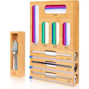 Bamboo Ziplock Bag Organizer for Kitchen Drawer & Wall Mount, Food Storage Baggie Holder, Fits Gallon Quart Sandwich Snack Freezer & Slider Bags, No Assembly, 9 in 1,Natural Color