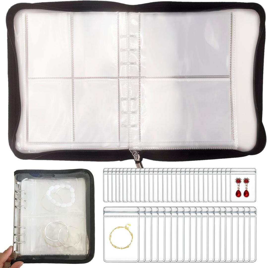 Transparent Travel Jewelry Organizer Book – Portable Jewelry Storage Case with Clear Pouches for Necklaces, Rings, Earrings – Compact Jewelry Holder for Women and Travel [Black - 80pcs S Pouches, 40pcs L Pouches]