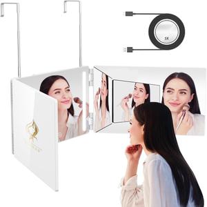 LED 3 Way Mirror to See Back of Head 360 Mirror for Women for Braiding Hair Telescoping Hooks Anti-Fog HD Glass Three Way for Self Hair Cutting Makeup Trifold (White With Led)