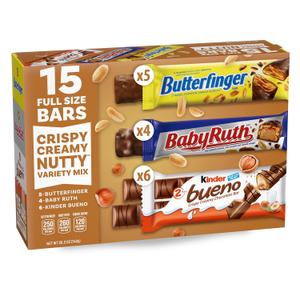 Butterfinger, Baby Ruth, Kinder Bueno, Assorted Crispy Creamy Nutty, Variety Mix, 15 Count, Full Size Candy Bars, 26.2 oz (EXP 08/10/26)