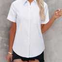 Womens Button Down Shirts Short Sleeve Summer Oxford V Neck Collared Button Up Casual Blouses Tops with Pocket (XS)