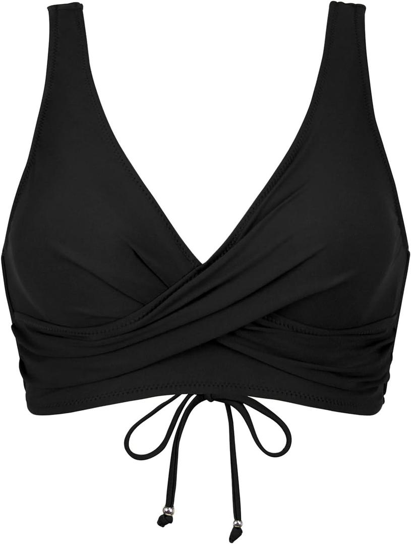 Amy Babe Women's Twist Front Swim Top Large Bust Bathing Suit Bikini Tops | V Neck, Removable Pads, Comfortable Wide Straps, Lace Up Back, Wireless, Fishibone, Push Up, Beach, Summer, Holiday (Black, S)
