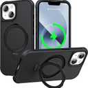Magnetic Compatible for iPhone 13 & iPhone 14 Case with Stand [Military Grade Drop Tested][Compatible with Magnet] Ring Sleek Slim Hard Back Soft Edge, Black